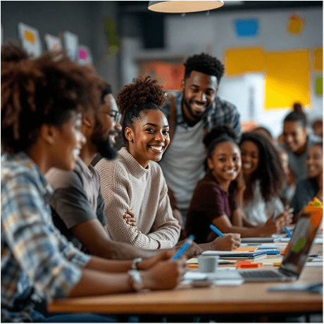 Diverse team collaborating on creative projects